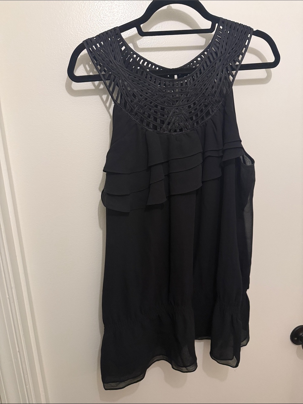 White House Black Market Black Crochet Yoke Ruffle Camisole